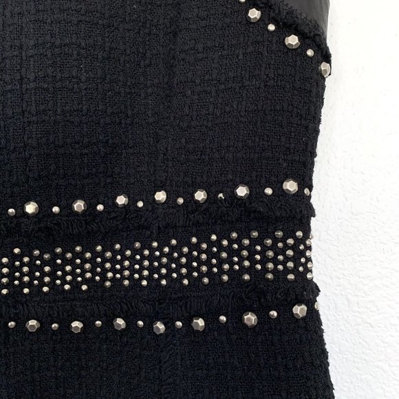 Rebecca Taylor Dress Black Tweed Studded Sleeveless Lamb Leather Fray - Picture 8 of 12